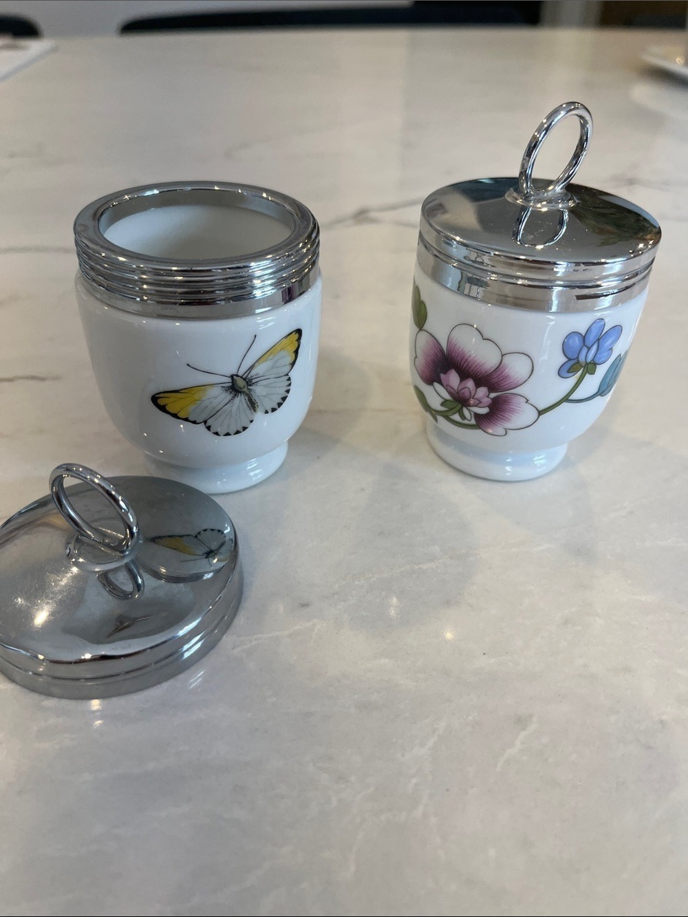 Porcelain Egg Coddlers with Floral & Butterfly Motifs